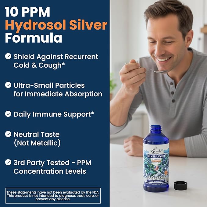 Optivida Colloidal Silver Liquid - 10 PPM Liquid Silver Immune Support, Pure Nano Silver Hydrosol Liquid for Family Wellness - Natural Silver Water for Adults & Kids, Non-GMO, 3rd Party Tested - 16 Oz