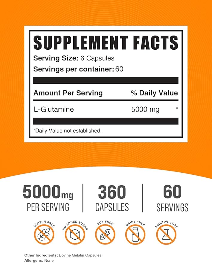 BulkSupplements.com L-Glutamine Capsules - Glutamine Supplement, Amino Acid Supplement - Gluten Free, 6 Capsules per Serving (5000mg), 360 Count (Pack of 1)