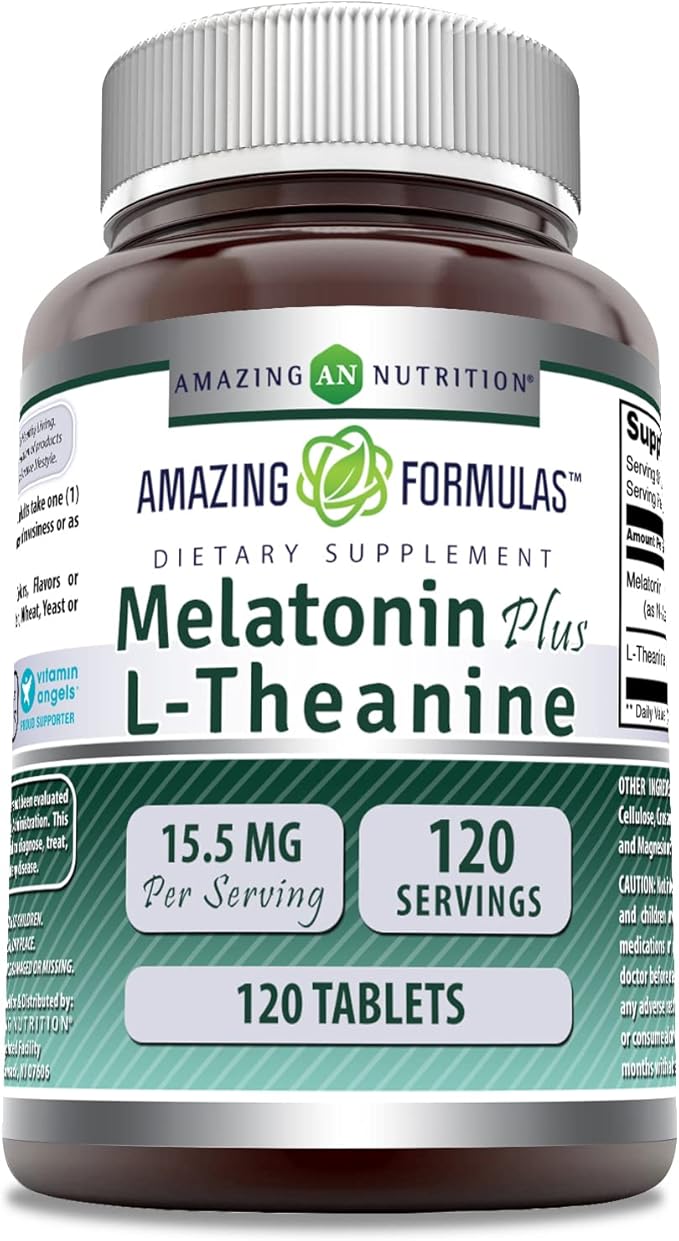 Amazing Formulas Melatonin 10 Mg Plus L-Theanine 5.5 Mg Supplement | Tablets | Non-GMO | Gluten Free | Made in USA | (1 Pack, 120 Tablets)