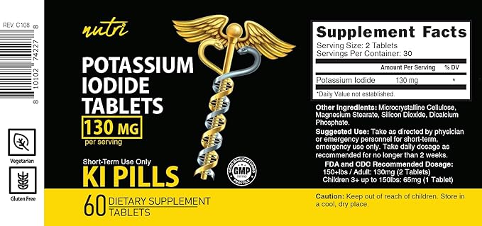 Potassium Iodide Tablets 130 mg - (60 Tablets) 10 Year Shelf-Life EXP 2034 to 2035 - Ki Pills - Yoduro de potasio - Nutri Supplements - 3rd Party Tested - NSF cGMP Certified Facility - Shelf Stable