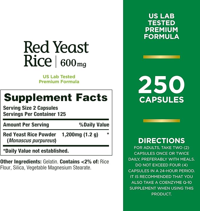 Nature's Bounty Red Yeast Rice, Herbal Supplement, 600mg, 250 Capsules (Pack of 2)