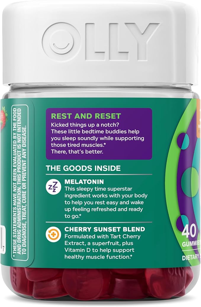 OLLY Muscle Recovery Sleep Gummies, Sleep and Sore Muscle Support, 3mg Melatonin, Tart Cherry, Vitamin D, Berry Flavor - 40 Count