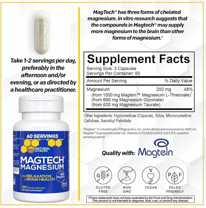MagTech Magnesium Supplement - 3 Forms of Magnesium: Magtein L-Threonate, Glycinate & Taurate - 200mg Chelated Magnesium Complex - Supports Relaxation & Brain Health - 180 Capsules