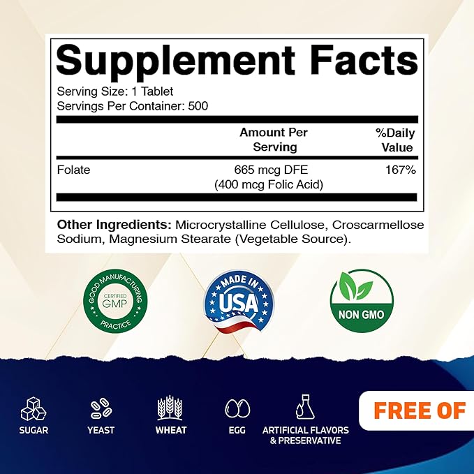 Vitamatic Folic Acid 400 mcg - 500 Vegetarian Tablets - Vitamin B9