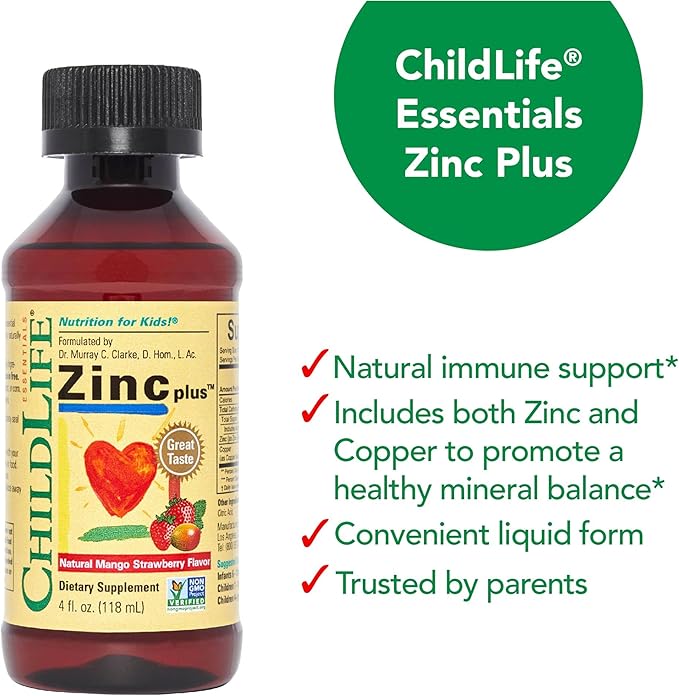 CHILDLIFE ESSENTIALS Liquid Zinc Plus for Kids & Toddler - Liquid Supplement Drops, Zinc Gluconate & Copper for Immune Support - Mango Strawberry, 4 Fl Oz (Pack of 3)