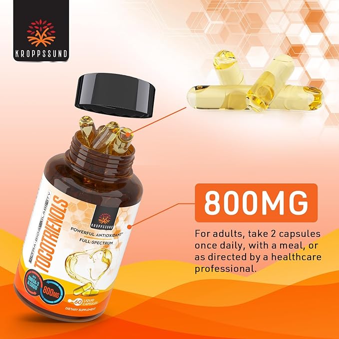 Kroppssund Tocotrienols 800mg Supplement | Rich in Vitamin E Tocotrienols | Cardiovascular, Antioxidant, Cellular Energy Production - 120 Liquid Capsules