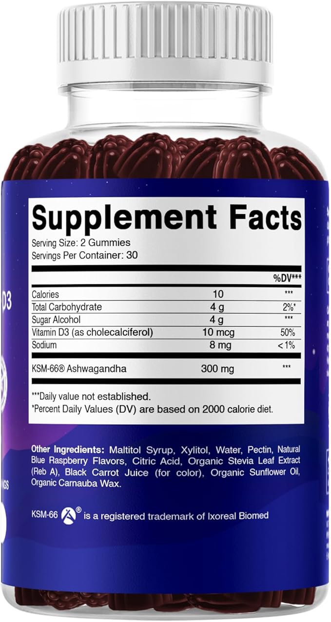 Vitamatic KSM-66® Ashwagandha + D3 Gummies – Natural Blue Raspberry Flavor – Sugar Free, Gluten Free, Non-GMO – 60 Gummies