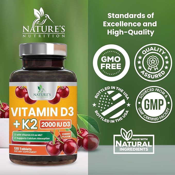 Vitamin D 2000 IU 50mcg Per Tablet - Vitamins D3 & K2 (MK7) Complex Supplement for Bone, Teeth, Muscle, Calcium Absorption, Supports Immune & Heart Health, Chewable Formula USA Bottled - 120 Tablets