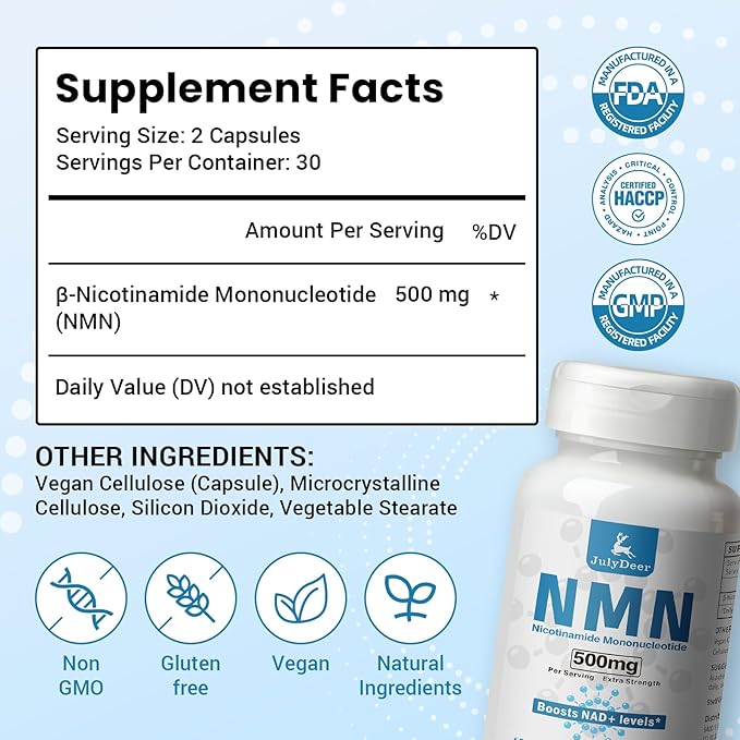 NMN 500mg, Max Absorbency & Fast-Acting NMN Supplement, 99% Pure NMN (Nicotinamide Mononucleotide) for Boosts NAD+ Levels, Cell, Immune, Energy, Muscle, Anti-Aging, Longevity, Women & Men