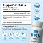 NMN 500mg Per Serving | 60 Veggie Capsules – 30 Servings | Easily Absorbed Nicotinamide Mononucleotide Form | NAD+ Boosts, Precursor & NR Supplement Alternative | Non-GMO, Vegan, Women & Men
