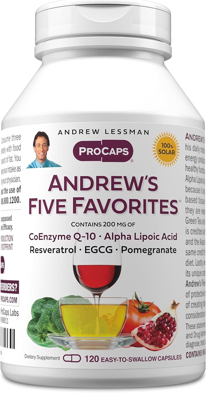 ANDREW LESSMAN Andrew's Five Favorites 120 Capsules - Provides 200mg Each of Coenzyme Q-10, Resveratrol, EGCG, Pomegranate and Alpha Lipoic Acid, Powerful Anti-Oxidant Support, No Additives