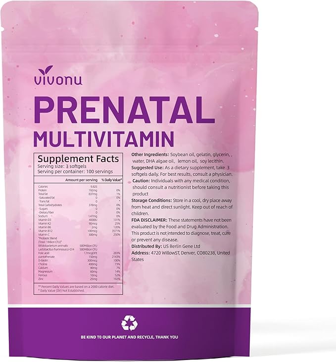 VivoNu Prenatal Vitamins for Women, Vitamin D3, K2, B6, B12, C with Folic Acid, DHA, Choline, Probiotic, Iron, Calcium, Zinc & Magnesium, 300 Pregnancy Multivitamin Softgels (1 Bag / 300 softgels)