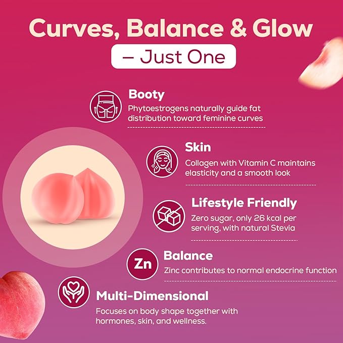 Booty Gummies for Women - BBL Gummies with Bovine Collagen Peptides - Herbal Blend with Aguaje, Fenugreek, Kwao Krua, Wild Yam, Blessed Thistle, Vitamin C & Zinc - Delicious Peach Flavor(120 Count)