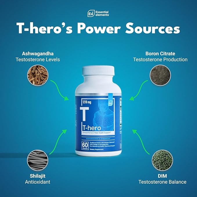 Essential Elements T-Hero - Daily Testosterone Support for Men - Promotes Vitality & Drive - with Ashwagandha, Shilajit, Boron, DIM - 60 Count - 30 Servings (2-Pack)