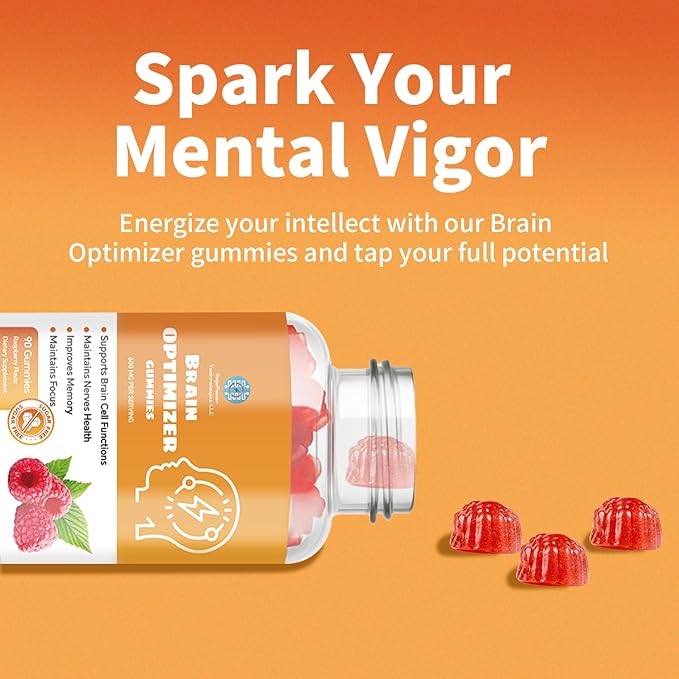 Gummies - Brain Supplement for Memory, Focus & Attention - Cognitive Support with Magnesium, Omega 3, Ashwagandha - 90 Count Raspberry Flavor