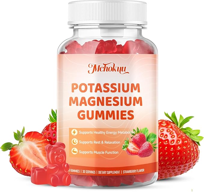 Potassium Magnesium Gummies – High Absorption Magnesium Glycinate – Magnesium Potassium Supplement Gummies with Vitamin B6, D3, B12 for Muscle Support, Sugar-Free Strawberry Flavor, 60 Count
