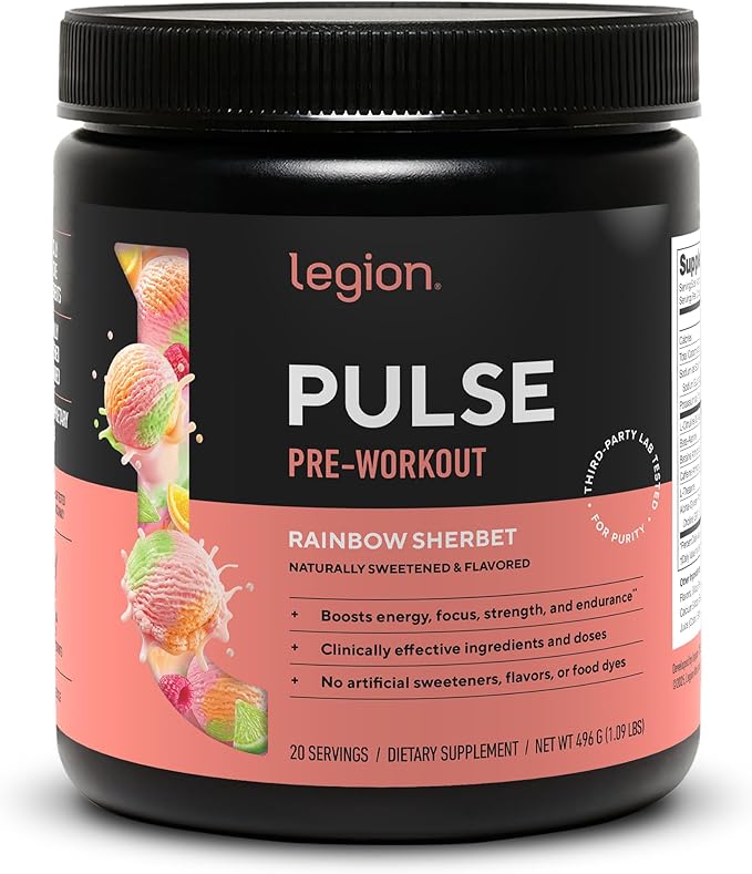 LEGION Pulse Pre Workout - All Natural Nitric Oxide Preworkout Drink to Boost Energy, Creatine Free, Naturally Sweetened, Beta Alanine, Citrulline, Alpha GPC (Rainbow Sherbet)