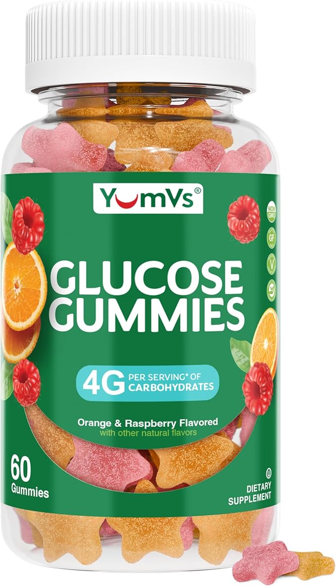 YUM-V'S Glucose Gummies – Fast Acting Glucose Gummy – Great Tasting – Gluten Free, Vegan, Non-GMO – Orange & Berry Natural Flavor – 60 Chewable Gummies for Adults & Kids