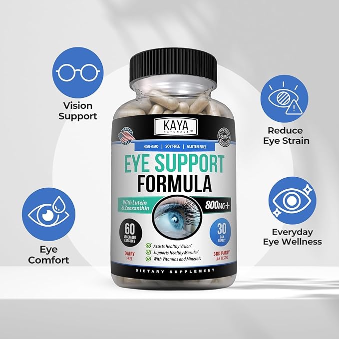 Kaya Naturals Eye Health Supplement - Lutein & Zeaxanthin - Supports Eye Strain, Dry Eyes, and Vision Health - Clinically Proven Ingredients 800mg Vitamin Supplement - 60 Count