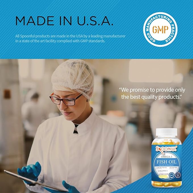 Spoonful Omega 3 Fish Oil Enteric Coated 2400mg, 200 Capsules, Burpless, Rapid Release Softgel Capsules, Made in USA, NSF-Certified