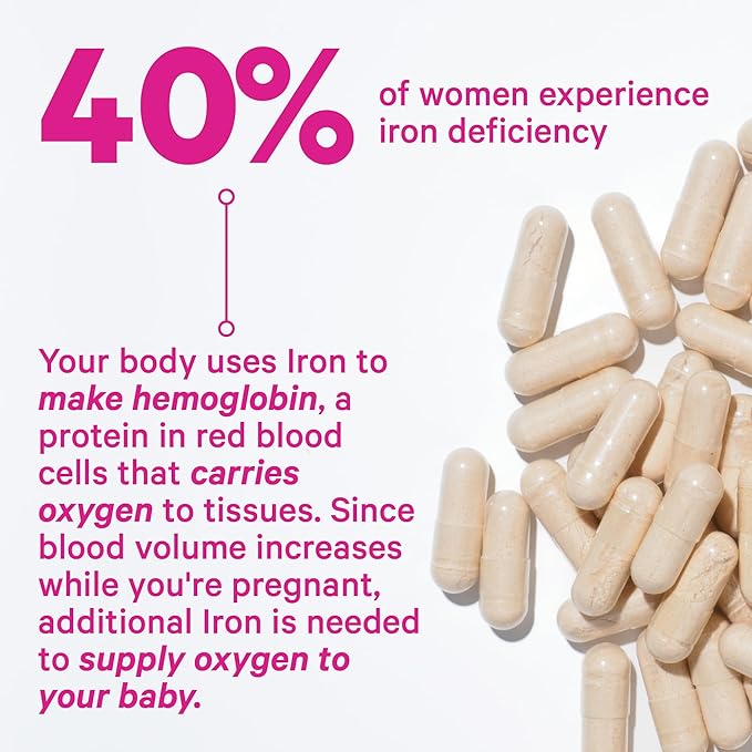 Pink Stork Prenatal Iron Supplement for Women - 18 mg Non-Constipating Iron & Vitamin C for Pregnancy, Postpartum, & Breastfeeding - Focus, Fatigue, & Blood Cell Production - 4 Month Supply