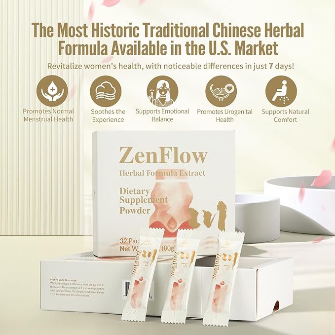 ZenFlow, PMS and Menstrual Support Supplement, Traditional Chinese Herbal Formula, Promote Healthy Uterus, Promote Urogenital Function, Women's Health, (128 Packets - 4 Boxes) (4)