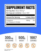 BulkSupplements.com Potassium Citrate Powder - for Hydration Support, Mineral Supplement, Potassium 99mg - Gluten Free, 300mg per Serving, 500g (1.1 lbs) (Pack of 1)