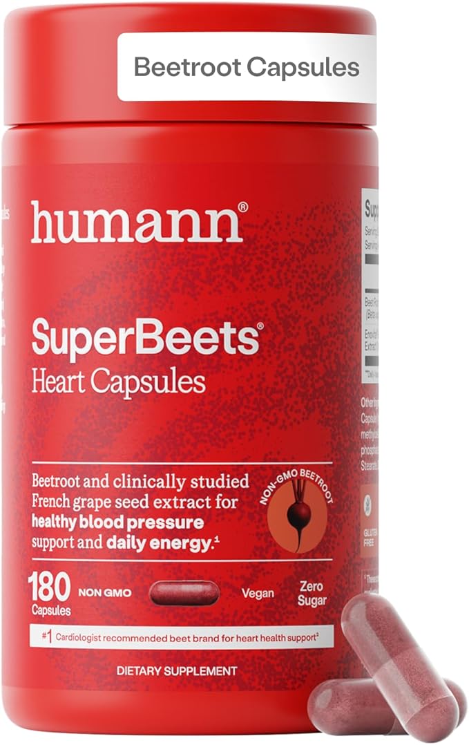 Humann SuperBeets Beet Root Capsules Quick Release 1000mg, Helps Support Nitric Oxide Production, Blood Pressure Support, Heart Health, Contains Non-GMO Beetroot Powder, Studied Antioxidants 180 Count