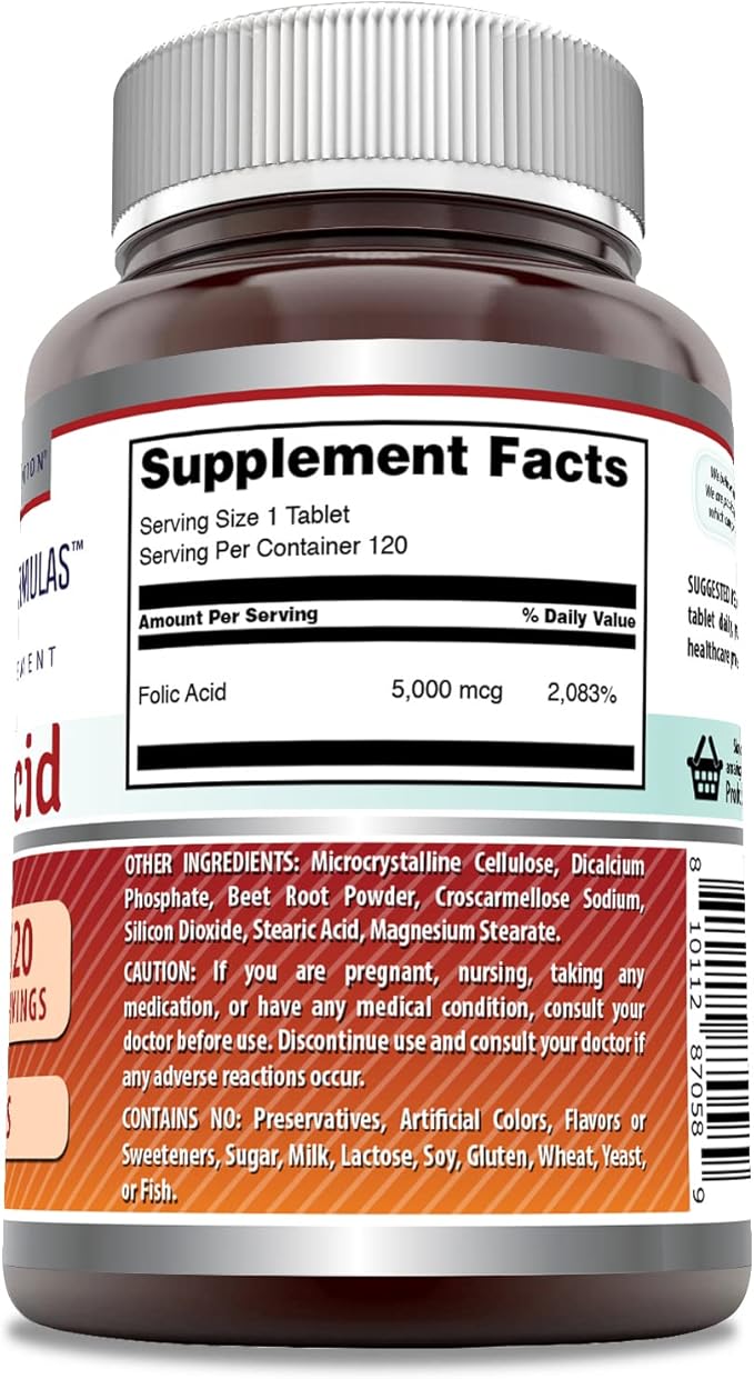 Amazing Formulas Folic Acid 5000 Mcg per Serving | Tablets Supplement | Non-GMO | Gluten-Free | Made in USA (1 Pack | 120 Count)