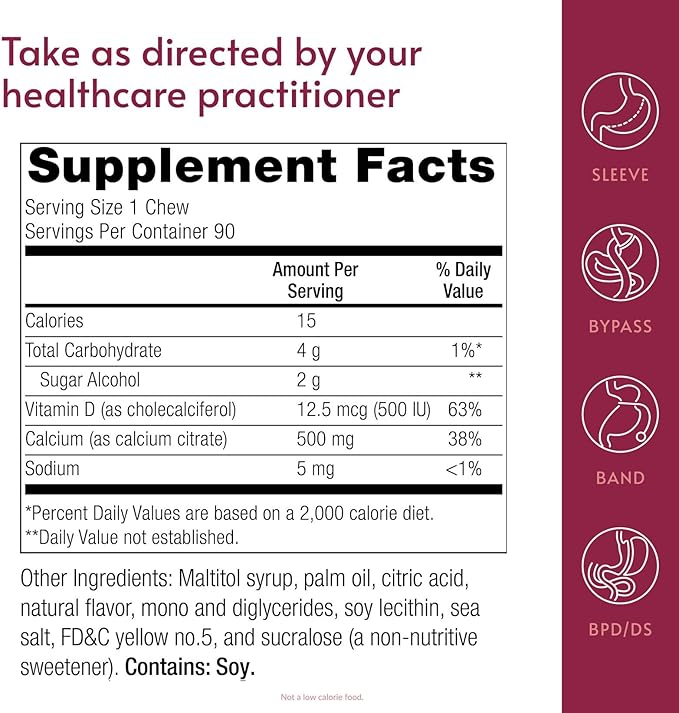 Bariatric Advantage Calcium Citrate Chewy Bites 500 mg - Highly Absorbable & Digestible - Vitamin D3 - Easily Chewable Calcium Supplement - Lemon Flavor - 90 Count