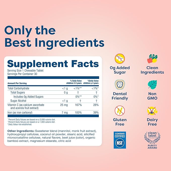 Hiya Iron+ Supplements for Kids - High Absorption Iron Supplement - Delicious Strawberry Flavor & Easy on Children's Stomach - No Added Sugar & Third Party Tested - 60 Day Refill Supply for Toddlers