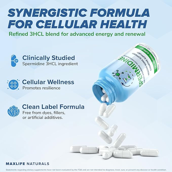MaxLife Naturals Pure Spermidine Supplement with Trihydrochloride 3HCL 10mg - 120 Capsules Spermidine Supplements for Men and Women, Brain Focus & Cellular Vitality, Cell Renewal Support, Made in USA