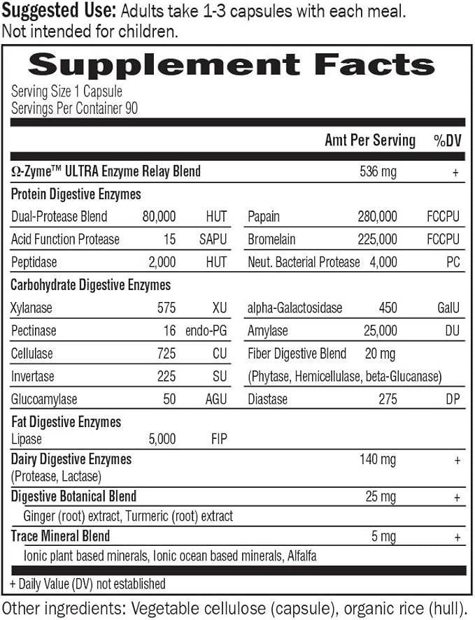 Garden of Life 21 Powerful Digestive Enzymes with Papain, Bromelain, Lipase, Plus Ginger and Turmeric - Omega-Zyme Ultra, Enzymes for Digestion Dietary Supplement, Vegetarian, 90 Capsules