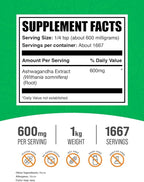 BulkSupplements.com Ashwagandha Root Extract Powder - Ashwagandha Supplement, Herbal Supplement - Vegan & Gluten Free, 600mg per Serving, 1kg (2.2 lbs) (Pack of 1)