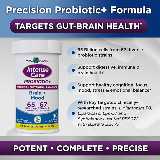Vital Planet - Intense Care Brain & Mood Probiotics, Organic Prebiotics, Postbiotics, Parabiotics, Complete 4-in-1 Health Supplement for Adults, 65 Billion CFU, 67 Strains, Digestive and Immune 30 ct