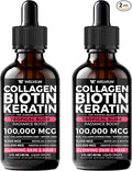 Liquid Biotin and Collagen Peptide Complex with Keratin, Hyaluronic Acid, MCT Oil, Zinc, Vitamins B6, B7, B12, A, C, D3, E - Hair, Skin, and Stronger Nails Supplement - 2 Pack