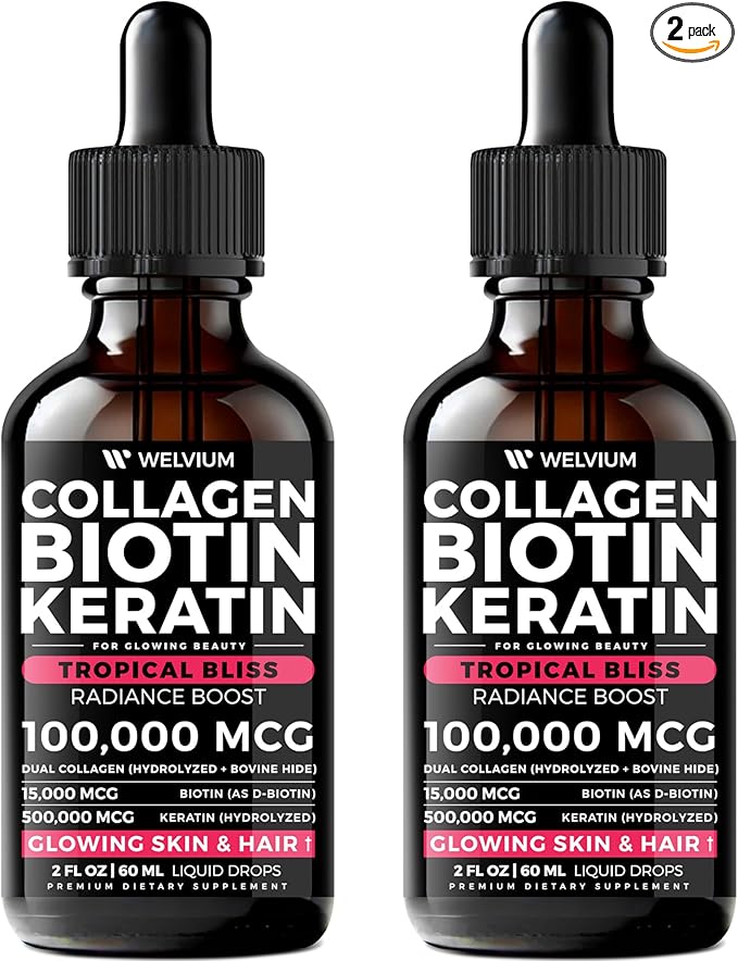 Liquid Biotin and Collagen Peptide Complex with Keratin, Hyaluronic Acid, MCT Oil, Zinc, Vitamins B6, B7, B12, A, C, D3, E - Hair, Skin, and Stronger Nails Supplement - 2 Pack