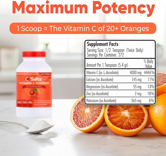 C-Salts Vitamin C Powder - 100% Pure Buffered Ascorbic Acid Powder - Daily Immune Support & Collagen Production - Stomach-Friendly Organic Vegan Non-GMO Sugar-Free - 272 Servings - Blood Orange, 26oz