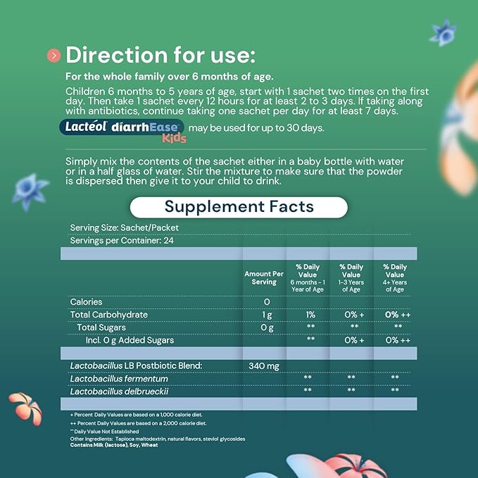 Lactéol diarrhEase Kids - a Safe, Drug Free and clinically Tested postbiotic Strain That Shortens The Duration of Occasional Diarrhea- Works Naturally with Your Child’s Body, 24 Count