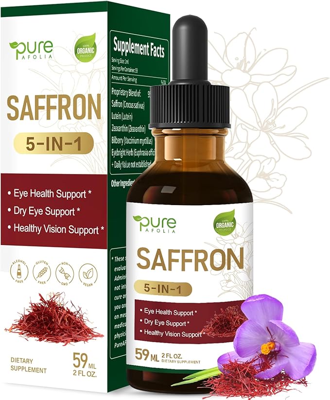 Saffron Extract Drops for Eye Health, 5-in-1 Herbal Supplement Liquid Tincture for Healthy Vision & Dry Eye Support with Bilberry Lutein Zeaxanthin. 2 oz