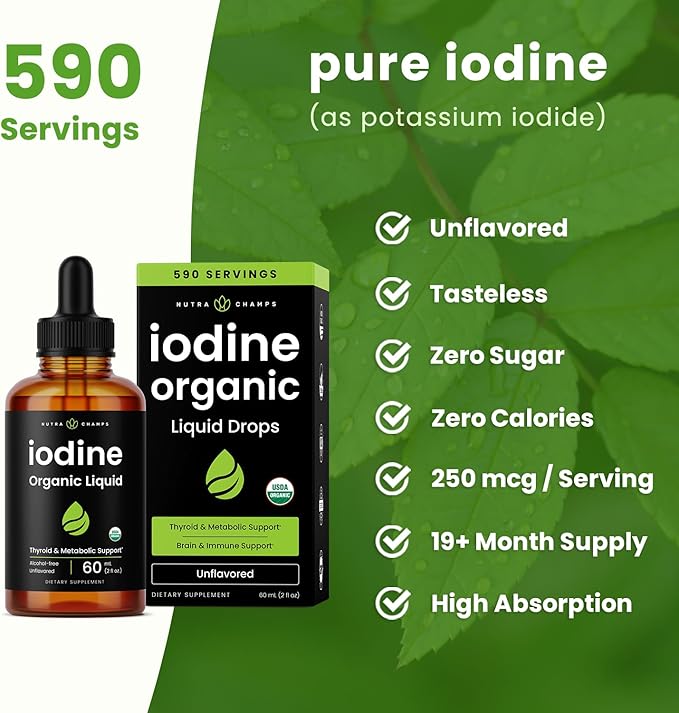 Organic Iodine Liquid Drops - 250 mcg Iodine Supplement for Women & Men - Potassium Iodide Solution 250 mcg - 590 Servings - Thyroid, Hormone & Metabolic Support - Non-GMO, Vegan