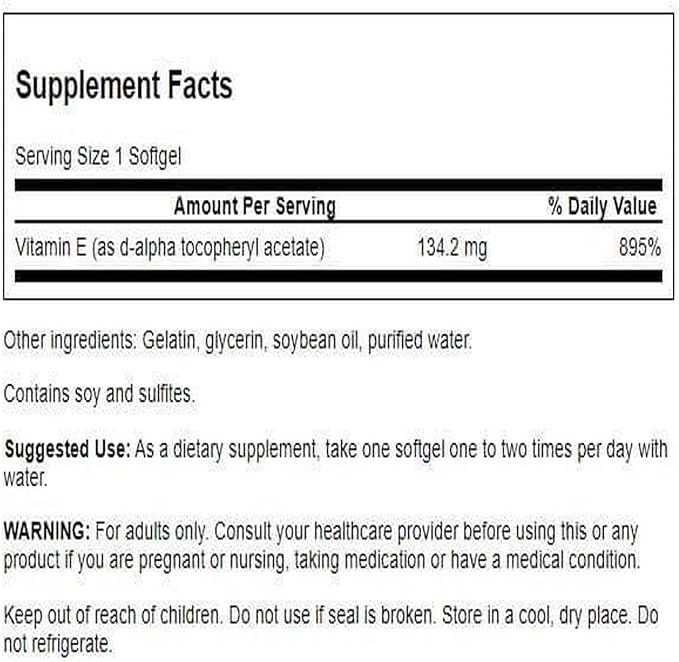 Swanson Natural Vitamin E Heart Health and Tissue Protection Supplement for Adults Seeking Antioxidant Support - 200 IU (134.2 mg) (250 Softgels)