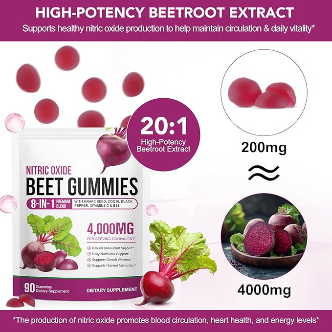 Beet Root Gummies,90 Heart Health Chews for Blood Pressure Support Supplements,Red Beets Supplements with Beetroot, Grape Seed, Coq10,B Vitamins,90 Beet Chews