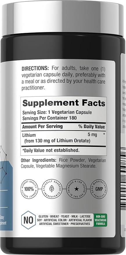Horbäach Lithium Orotate 130mg | 180 Capsules | Non-GMO, Gluten Free, Vegan | 5mg Bioavailable Elemental Lithium