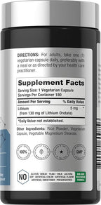Horbäach Lithium Orotate 130mg | 180 Capsules | Non-GMO, Gluten Free, Vegan | 5mg Bioavailable Elemental Lithium