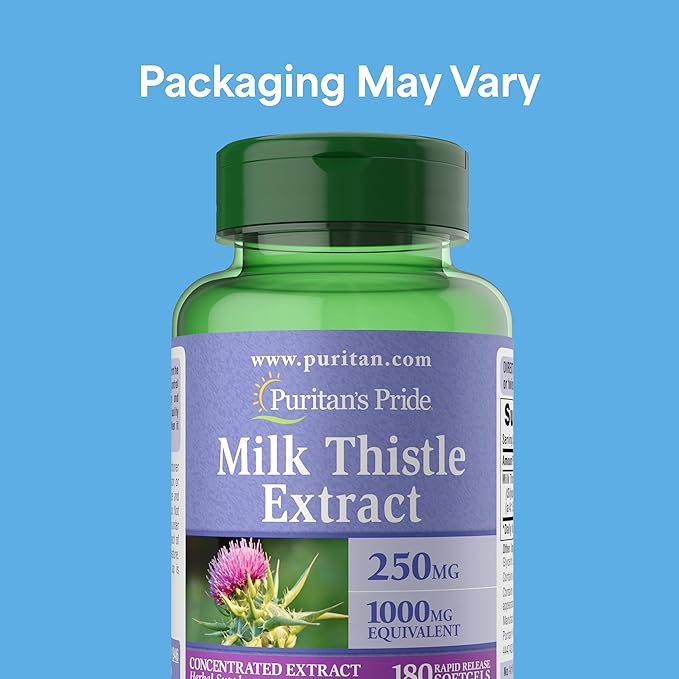 Puritan's Pride Milk Thistle Silymarin 4:1 Concentration Extract 250 mg (1000 mg Equivalent), Dietary Supplement for Traditional Liver Support, 6 Month Supply, 180 Count