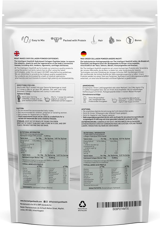 The Intelligent Health Hydrolysed Collagen Powder (Bovine) - High Protein Grass Fed Unflavoured Peptides - Collagen Supplements for Women | Gluten Free, Paleo & Keto Friendly (2Kg)