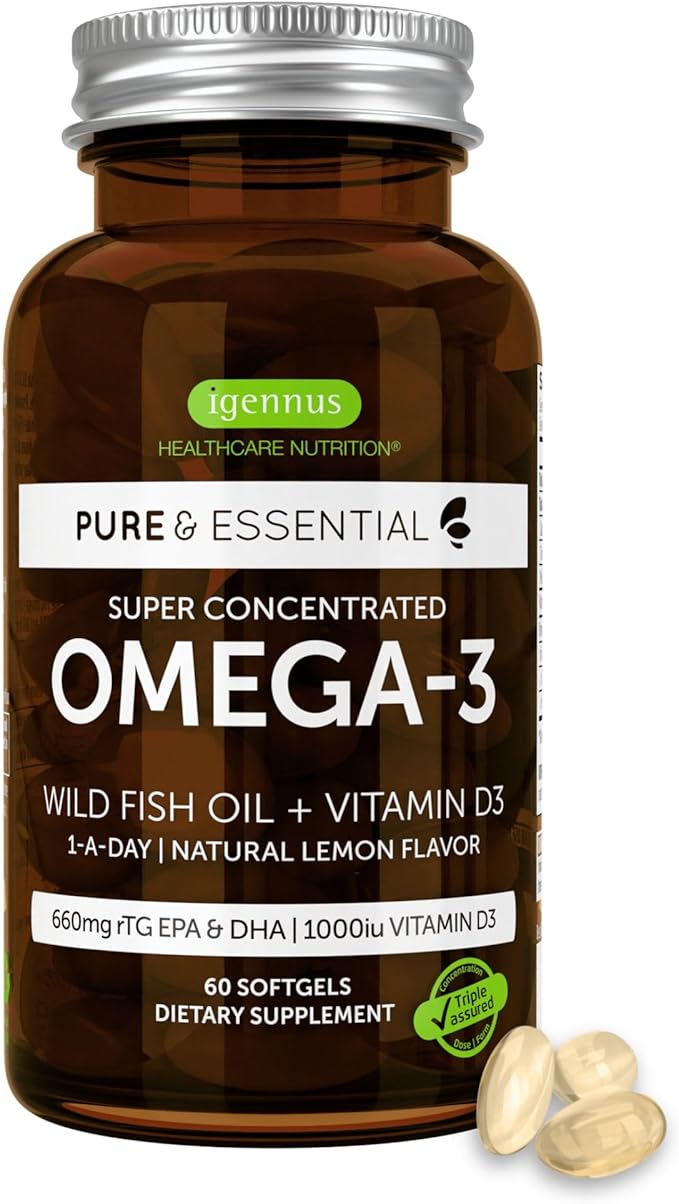 Igennus Advanced rTG Omega-3 IFOS Certified Wild Fish Oil & Vitamin D3, 1-a-Day, Fatty Acids EPA & DHA, Fast-Acting Triglyceride Form, Ultra Pure & Non-GMO, 60 Softgels