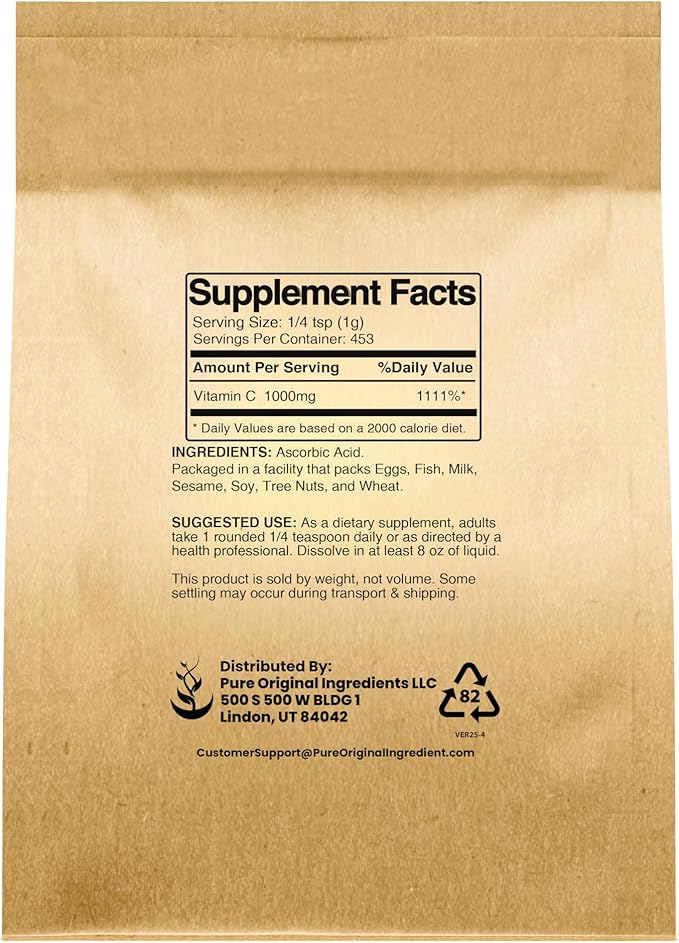 PURE ORIGINAL INGREDIENTS Vitamin C Powder (1 lb) Ascorbic Acid, Non GMO, Dietary Supplement