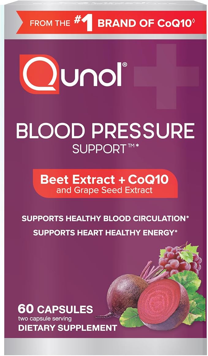 Qunol Blood Pressure Support, 3 in 1 Beets + CoQ10 + Grape Seed Extract, Beet Root Capsules That Supports Healthy Blood Circulation & Heart Healthy Energy, 60 Count (Pack of 4)